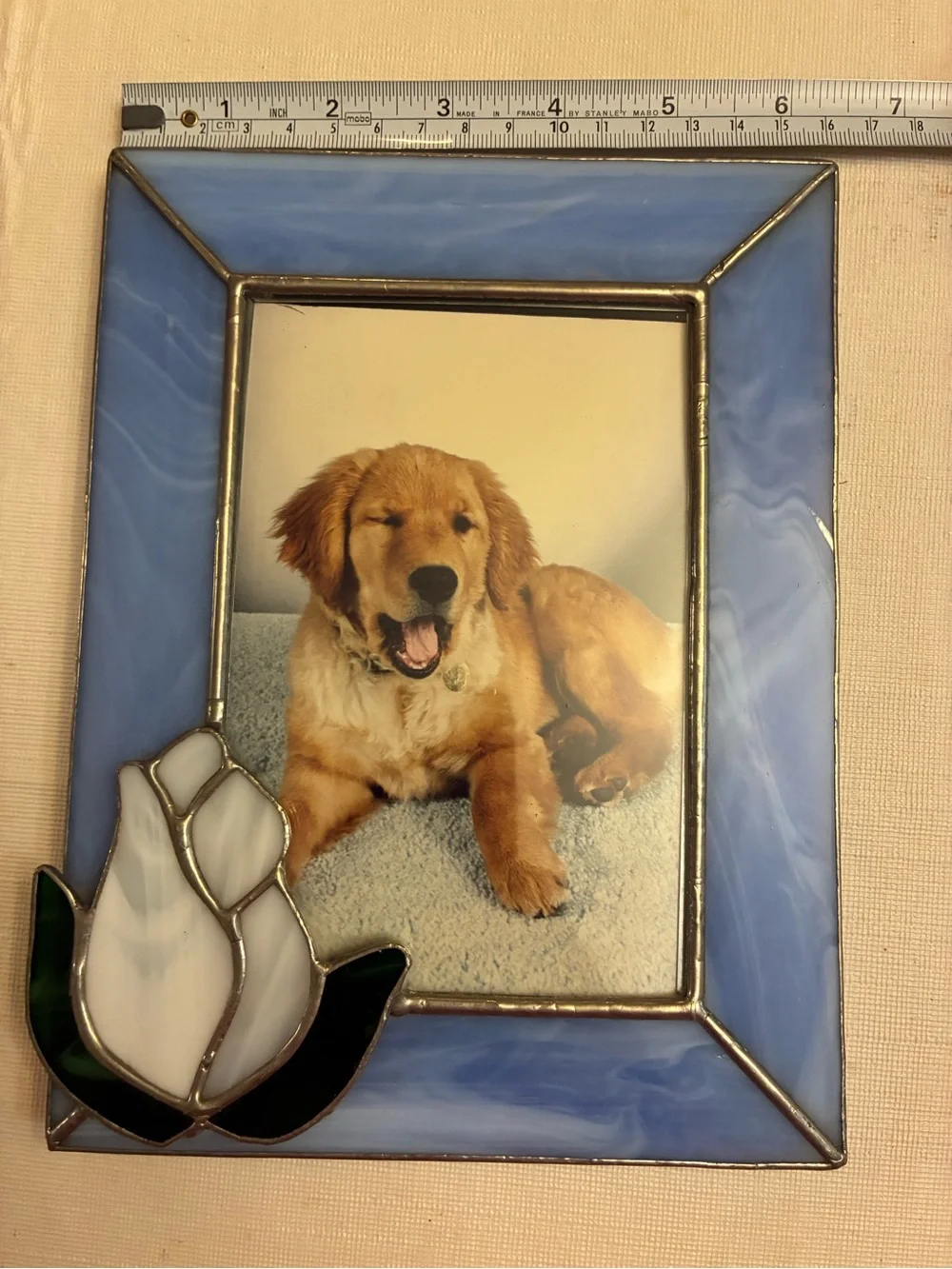 Blue Slag Glass Picture Frame with Flower Accent